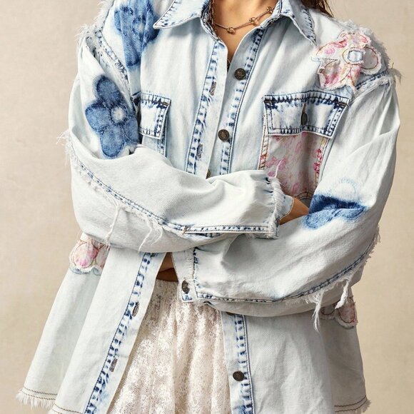 Blue Casual Women's Woven Patchwork Floral Long Sleeve Loose Wash Denim Shirt - Picture 3 of 8